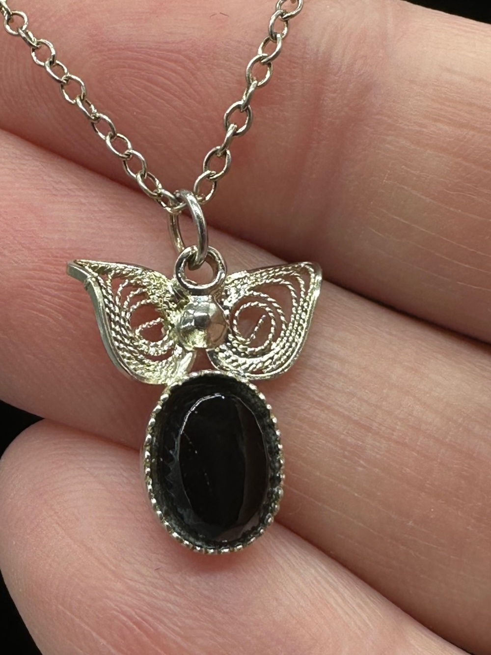 Vintage Sterling Silver Black Onyx Owl Pendant Necklace 15" Birds Boho Nature